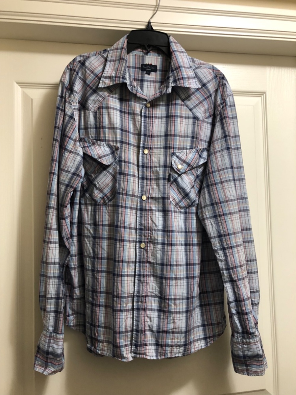 Paul Smith mens Large plaid snap front shirt blue white red navy
